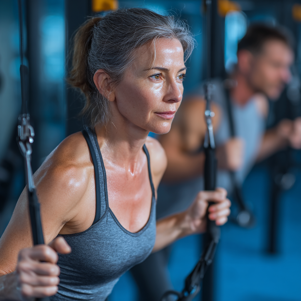 50 years old woman doing functional exercises in modern fitness studio