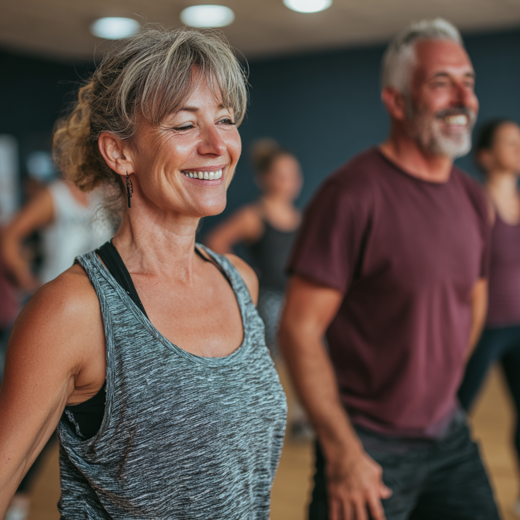51 years old adults participating in group fitness class with professional trainer