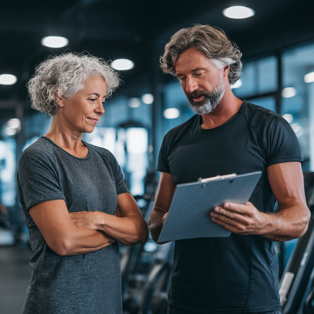 Professional 52 years old fitness trainer consulting with middle-aged client in modern gym environment